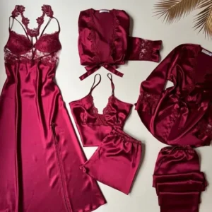 6 PCS LONG SILK NIGHTY SET FOR WOMEN